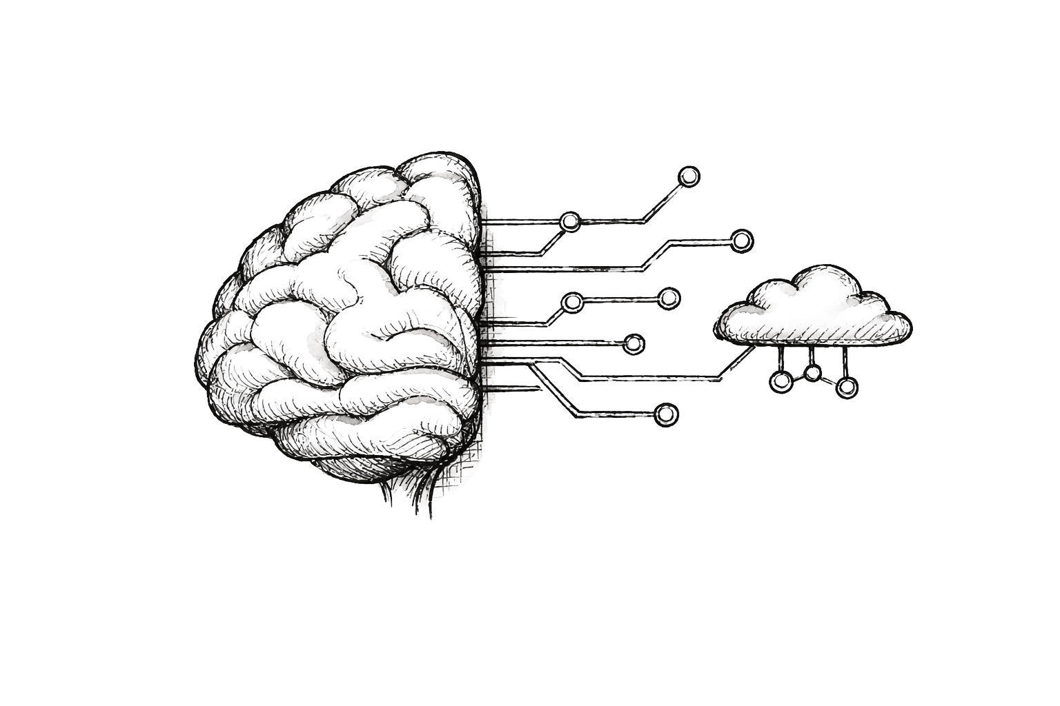 Hand-drawn brain with circuit traces reaching a cloud