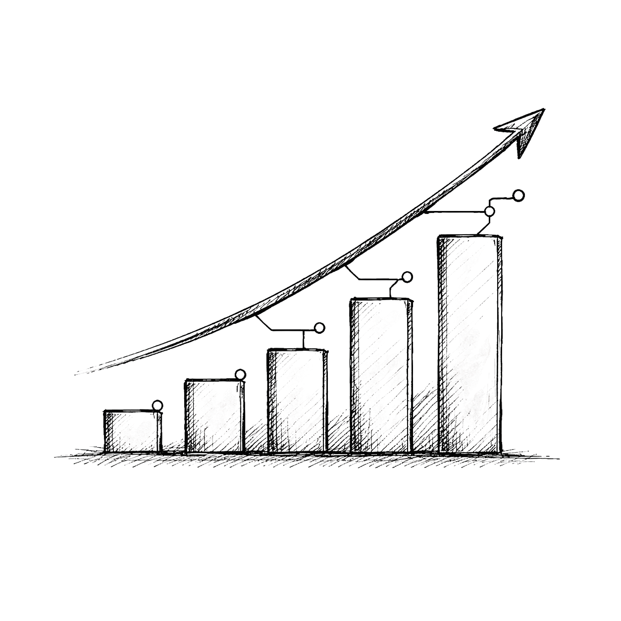 Hand-drawn rising bar chart with circuit-trace arrow