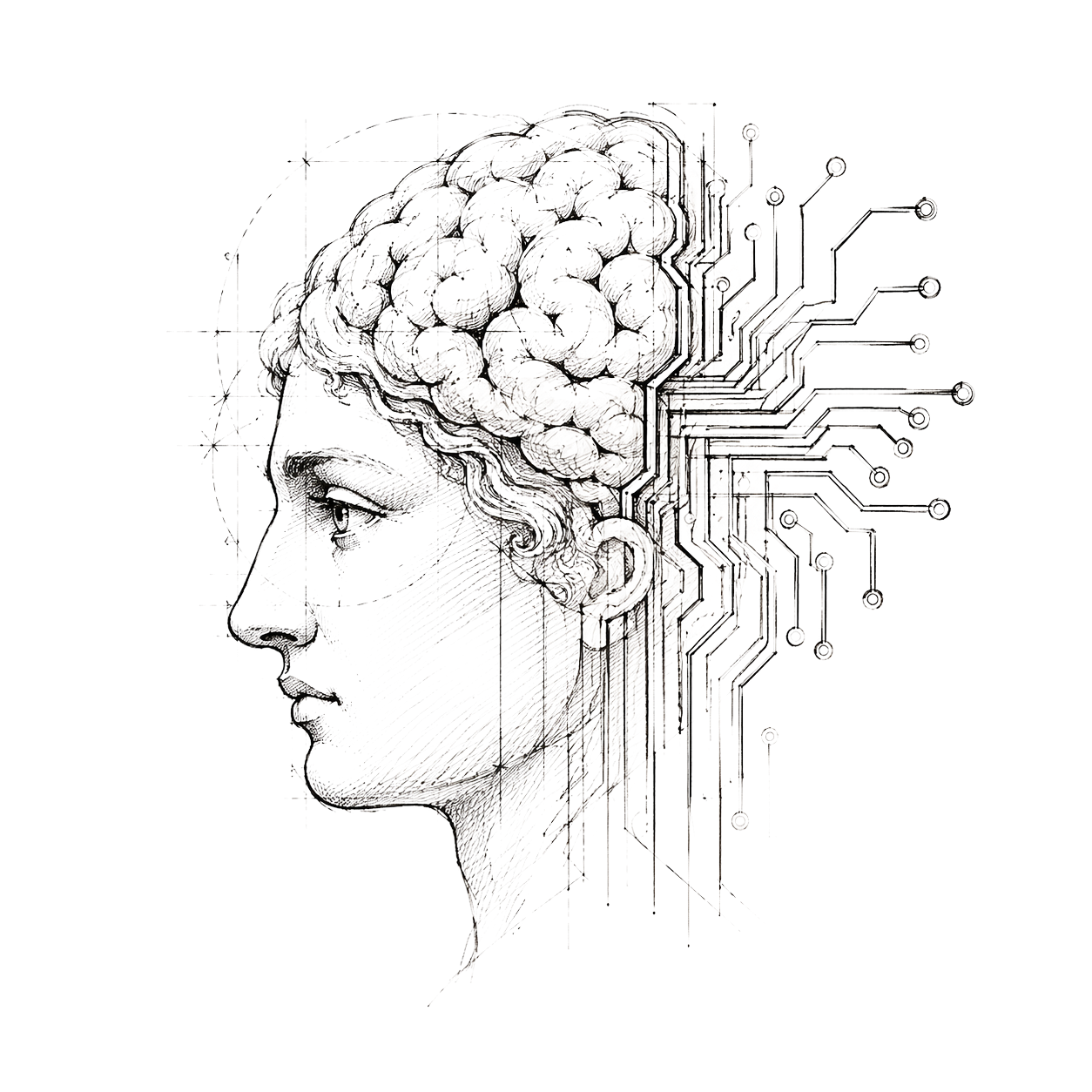 Hand-drawn profile with pencil gears and circuit traces - people and machines sharing the work