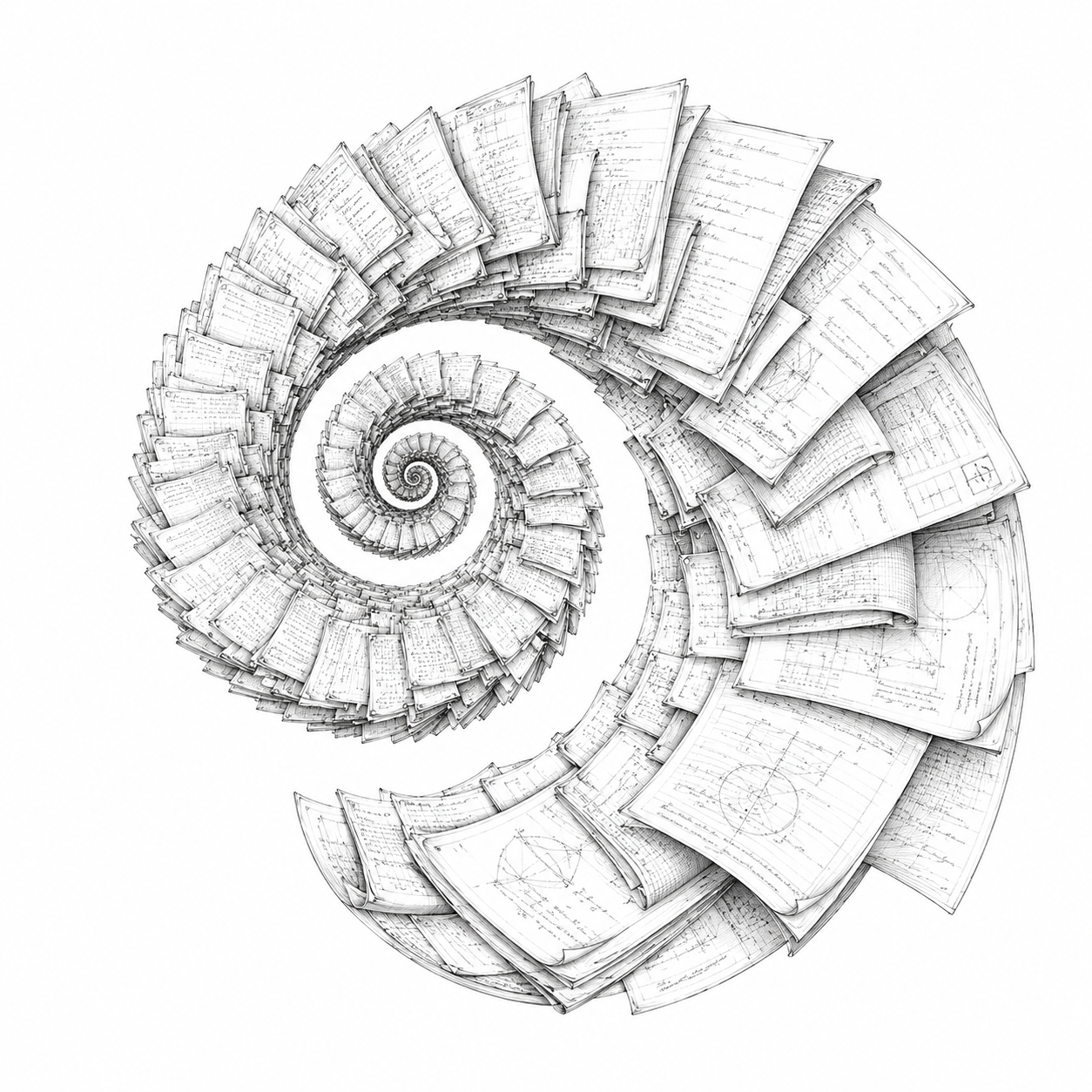 Hand-drawn nautilus spiral of documents growing outward - knowledge compounding