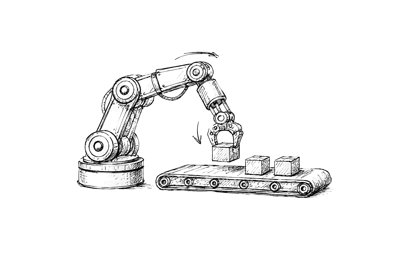 Hand-drawn robotic arm at a conveyor