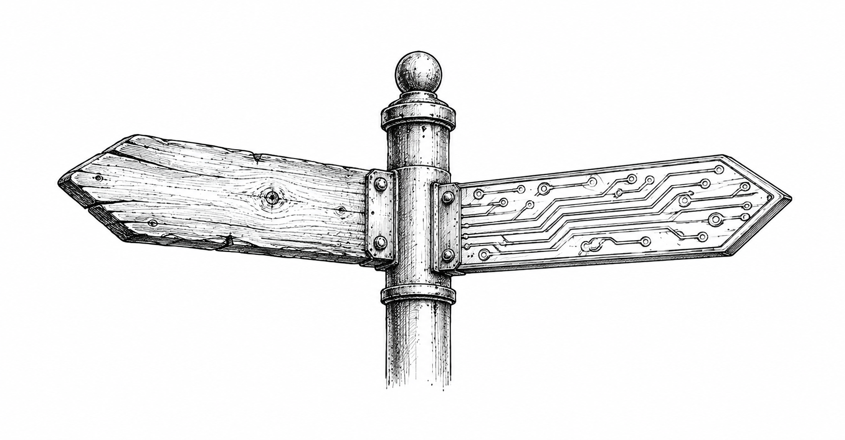 Hand-drawn signpost - a weathered wooden arm and a circuit-trace arm pointing different ways