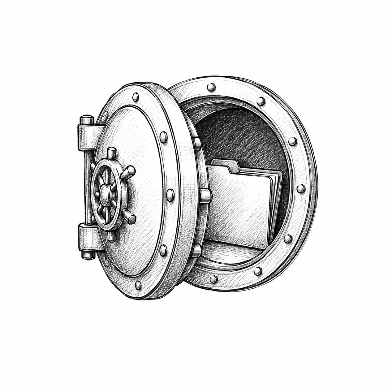 Hand-drawn vault door ajar with a folder inside